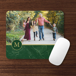 Alfombrilla De Ratón Dark Green Marble Tan Monogram Family Photo