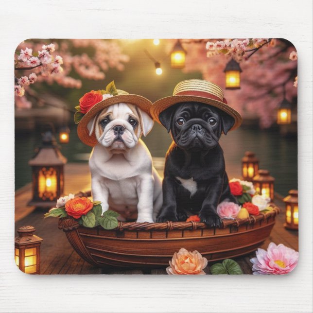 Alfombrilla de ratón de cachorros de Bulldog y Pug (Frente)