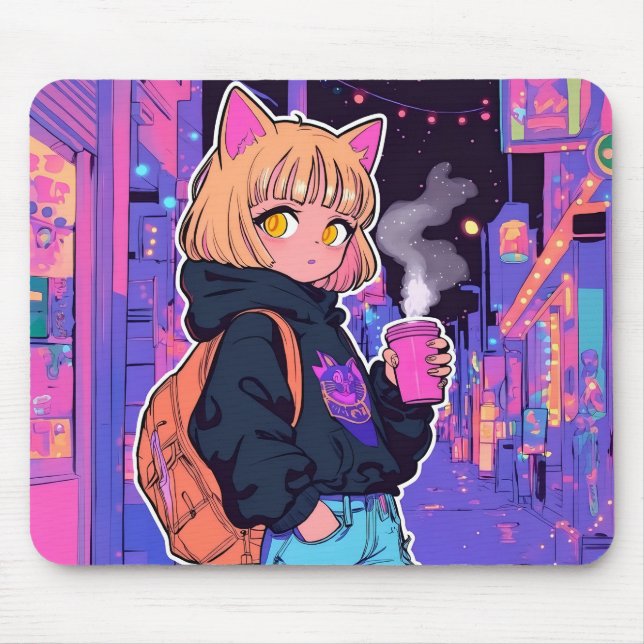 Alfombrilla de ratón de chica gato cyberpunk – Est (Frente)