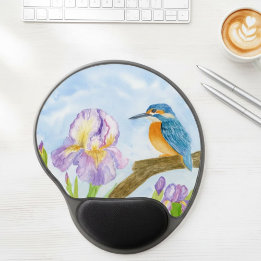 Alfombrilla De Ratón De Gel Watercolor Kingfisher with Purple Irises 