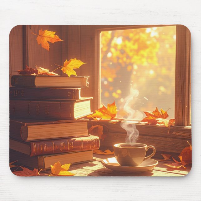 Alfombrilla de ratón de libros y café de otoño aco (Frente)