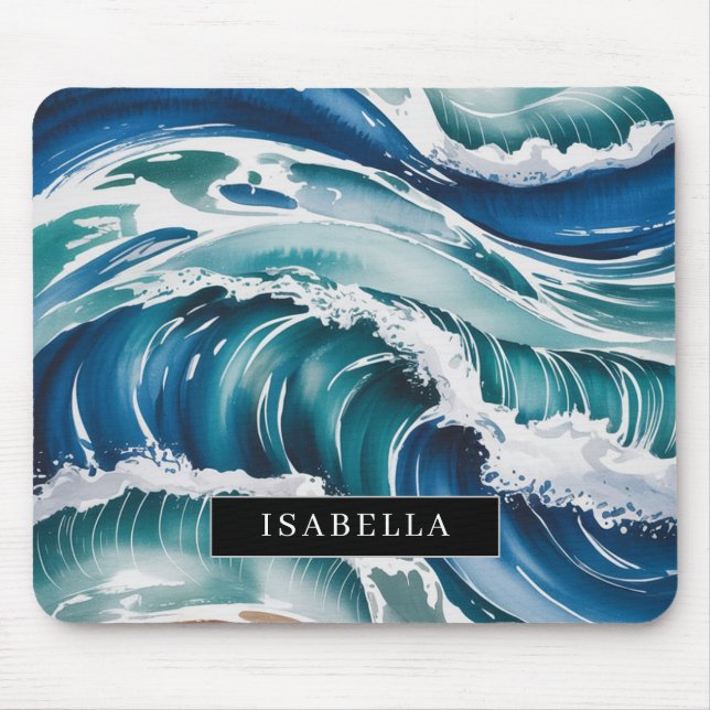 Alfombrilla de ratón de olas de océano acuarela y  (Frente)