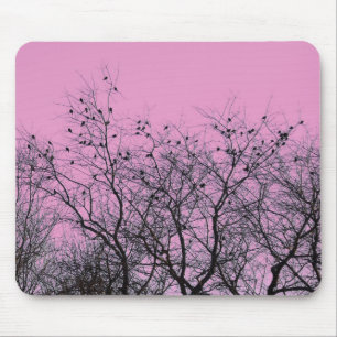 Alfombrilla de ratón de pájaros y árboles rosados