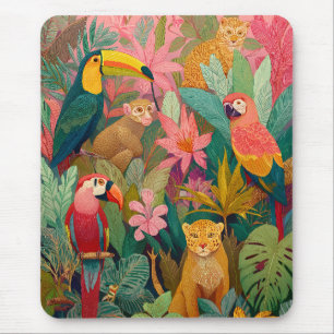 Alfombrilla de ratón de selva: leopardo, loro, tuc