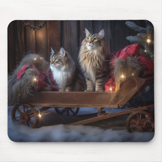 Alfombrilla De Ratón Decoración de los Navidades Maine Coon Snowy Sleig (Frente)