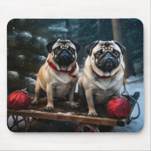 Alfombrilla De Ratón Decoración de los Navidades Pug Snowy Sleigh