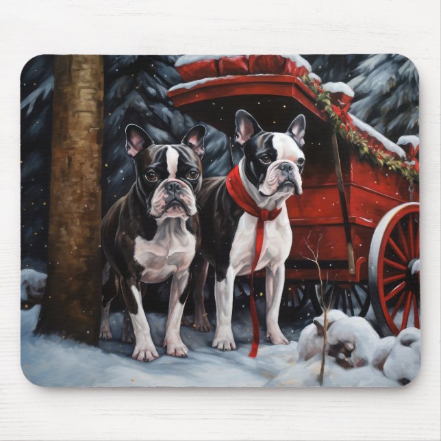 Alfombrilla De Ratón Decoración de Navidades de Boston Terrier Snowy Sl (Frente)