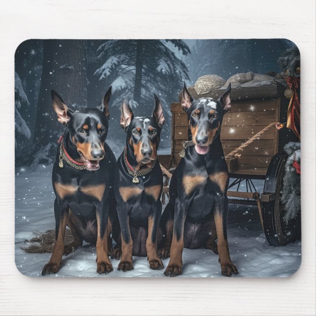 Alfombrilla De Ratón Decoración de Navidades Doberman Snowy Sleigh (Frente)