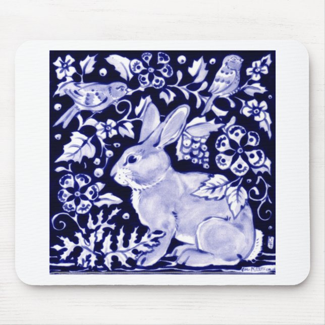 Alfombrilla De Ratón Dedham Blue Rabbit, diseño clásico azul y blanco (Frente)