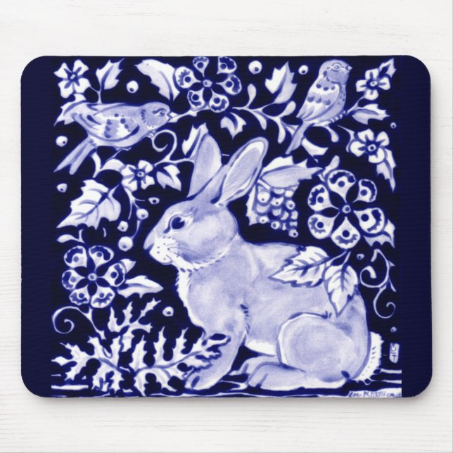 Alfombrilla De Ratón Dedham Blue Rabbit, diseño clásico azul y blanco  (Frente)