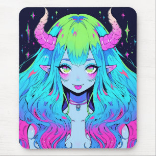 Alfombrilla De Ratón Demon Chica azul, rosa y anime verde de Kawaii