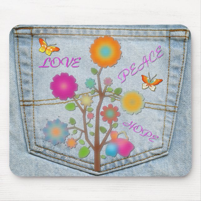 Alfombrilla De Ratón Denim Back Pocket Flowers Peace Love Hope (Frente)