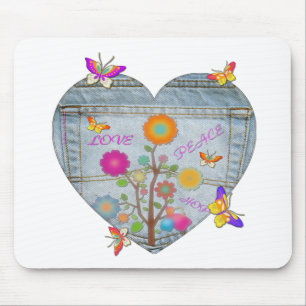 Alfombrilla De Ratón Denim Pocket Heart Flowers Butterflies