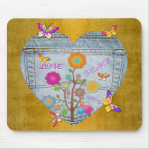 Alfombrilla De Ratón Denim Pocket Heart Flowers Butterflies on Gold