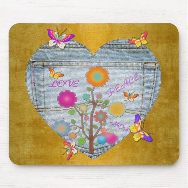 Alfombrilla De Ratón Denim Pocket Heart Flowers Butterflies on Gold (Frente)