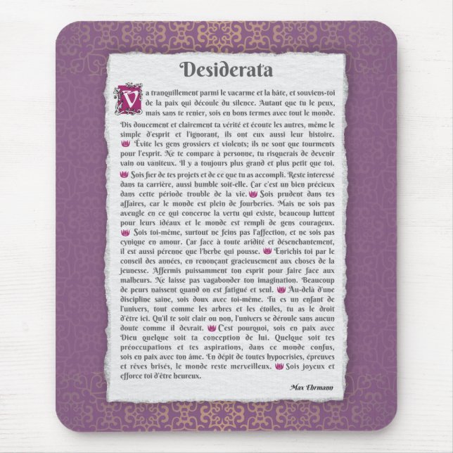 Alfombrilla De Ratón Desiderata - Choses désirées - poème (Frente)