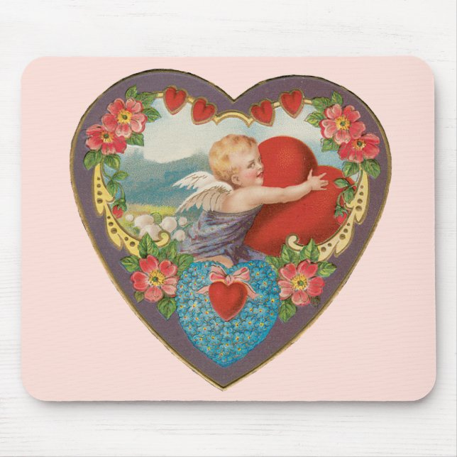 Alfombrilla De Ratón Día de San Valentín antiguo, corazones de querubin (Frente)