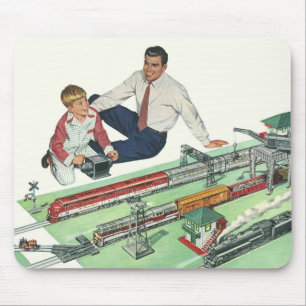 Alfombrilla De Ratón Día del Padre vintage, papá e hijo con trenes