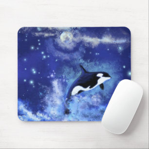 Alfombrilla De Ratón Dibujo artístico de orcas en luna llena