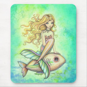 Alfombrilla De Ratón Dibujo de Arte Fantástico de Pez Pequeño y Sirena