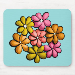 Alfombrilla De Ratón Dibujo de tinta colorido de flores cortas para niñ