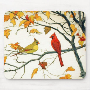 Alfombrilla De Ratón Dibujo japonés vintage, cardenales en una rama