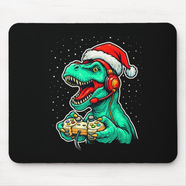 Alfombrilla De Ratón Dinosaur T Rex Playing Video Game Santa Hat Christ (Frente)