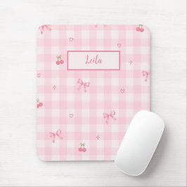 Alfombrilla De Ratón Diseño de nombre con lazo de cereza en gingham ros