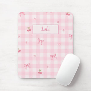 Alfombrilla De Ratón Diseño de nombre con lazo de cereza en gingham ros