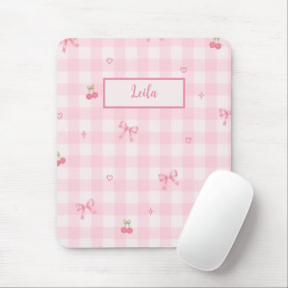 Alfombrilla De Ratón Diseño de nombre con lazo de cereza en gingham ros