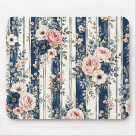 Alfombrilla De Ratón Diseño de patrón de franja floral de acuarela navy