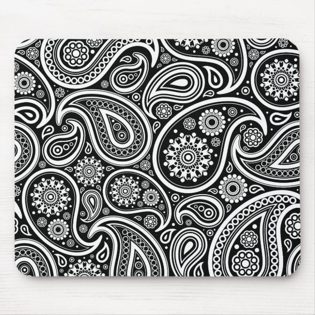 Alfombrilla De Ratón Diseño del patrón de paisley retro blanco en negro (Frente)