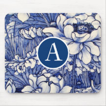 DISEÑO FLORAL AZUL JAPONÉS DIY INITIAL Mousepad