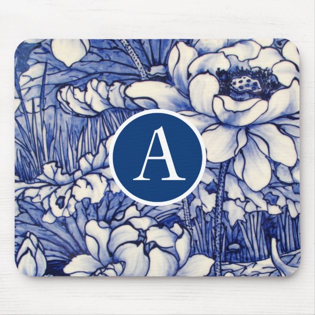 Alfombrilla De Ratón DISEÑO FLORAL AZUL JAPONÉS DIY INITIAL Mousepad (Frente)