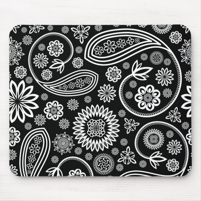 Alfombrilla De Ratón Diseño floral retro blanco en negro (Frente)