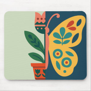 Alfombrilla De Ratón Diseño gráfico dividido floral y mariposa colorido