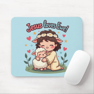 Alfombrilla De Ratón Diseño pastel de Kawaii cristiano "Jesús ama a ove