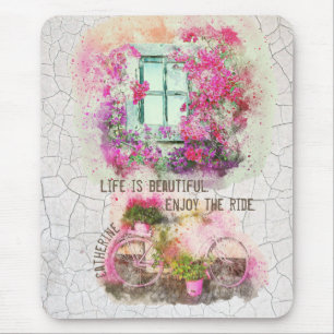 Alfombrilla De Ratón Disfruta Del Paseo   Bicicleta acuarela con flores