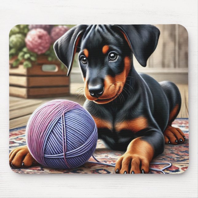 Alfombrilla De Ratón Doberman Pinscher con una pelota de yarn en una al (Frente)