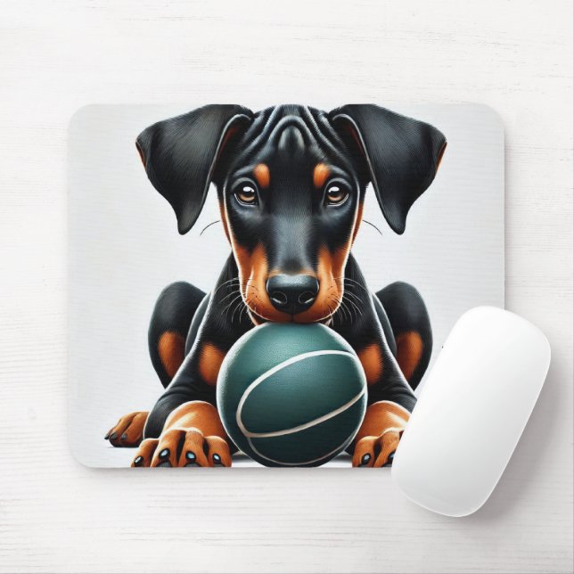 Alfombrilla De Ratón Doberman Pinscher Puppy sosteniendo una pelota (Con ratón)