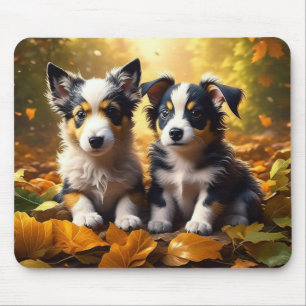 Alfombrilla De Ratón Dos cachorros de maíz en hojas de otoño
