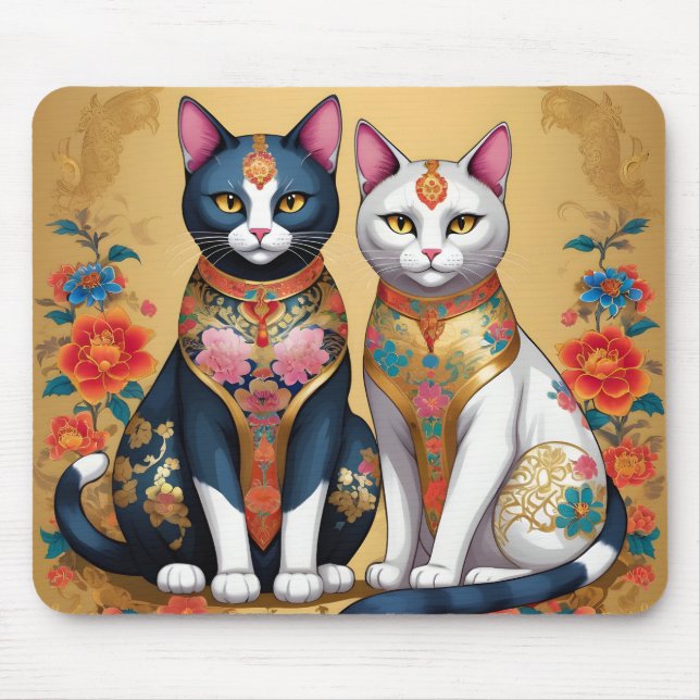 Alfombrilla De Ratón Dos gatos florales decorativos (Frente)