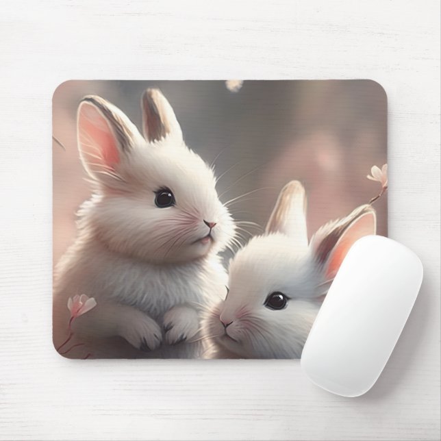 Alfombrilla De Ratón Dos lindos conejos con Sakura Mousepad (Con ratón)