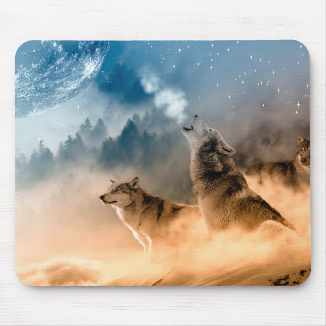 Alfombrilla De Ratón Dos lobos aullan en la luna llena en el bosque (Frente)