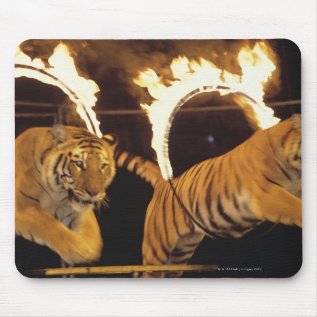 Alfombrilla De Ratón Dos tigres saltando a través de ardientes ardiente (Frente)
