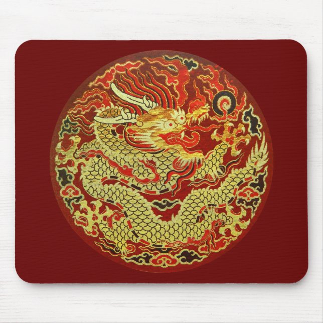 Alfombrilla De Ratón Dragón asiático dorado bordado en rojo oscuro (Frente)