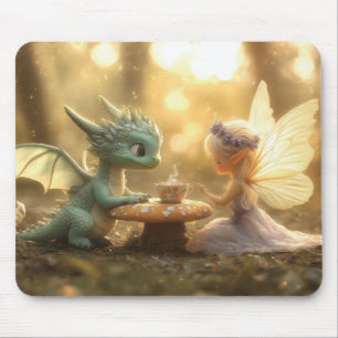 Alfombrilla De Ratón Dragón bebé lindo y hada disfrutando del té 