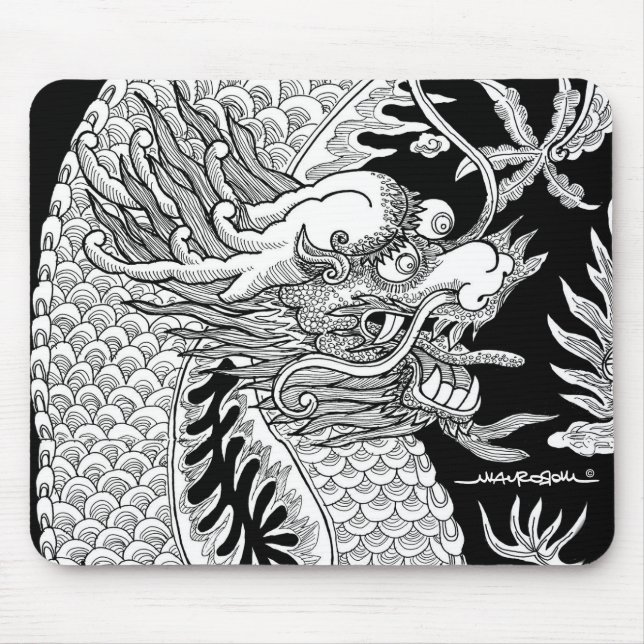 Alfombrilla De Ratón Dragón chino tradicional Sketch en blanco y negro (Frente)