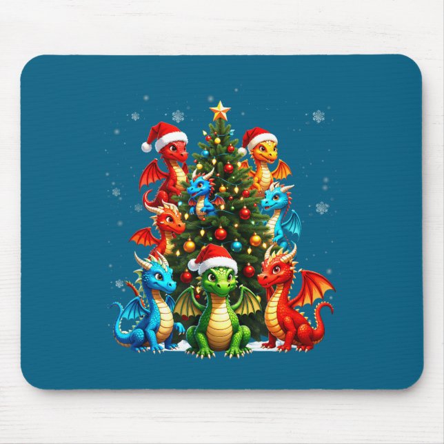Alfombrilla De Ratón Dragon Christmas Tree Squad Santa Hat Fantasy Myth (Frente)