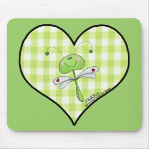 Alfombrilla De Ratón Dragon Fly en el corazón de gingham verde